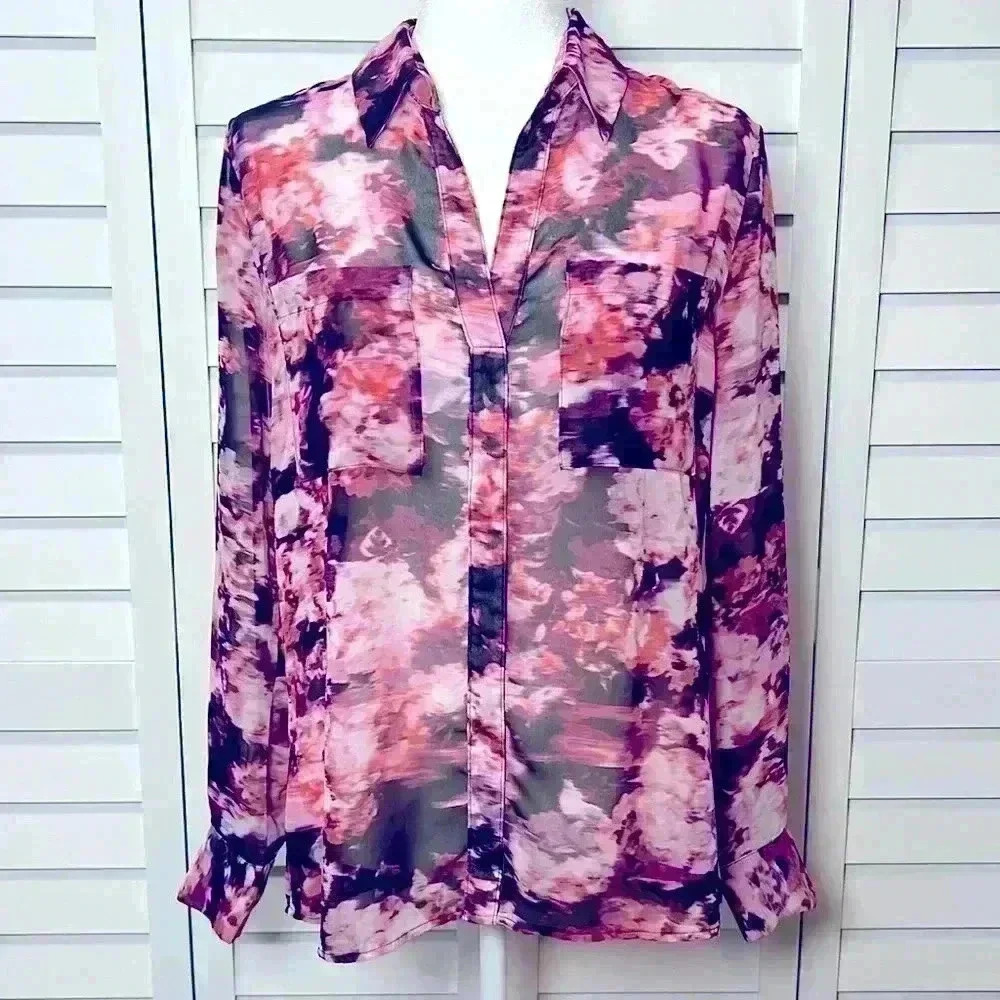 Robert Rodriguez Floral Watercolor Long Sleeve V-Neck Top Size Small